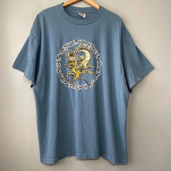 90s Y2K Delta Mens Size XL Blue Crew Neck Dragon Graphic Tee Shirt Grunge Skater - Picture 1 of 9